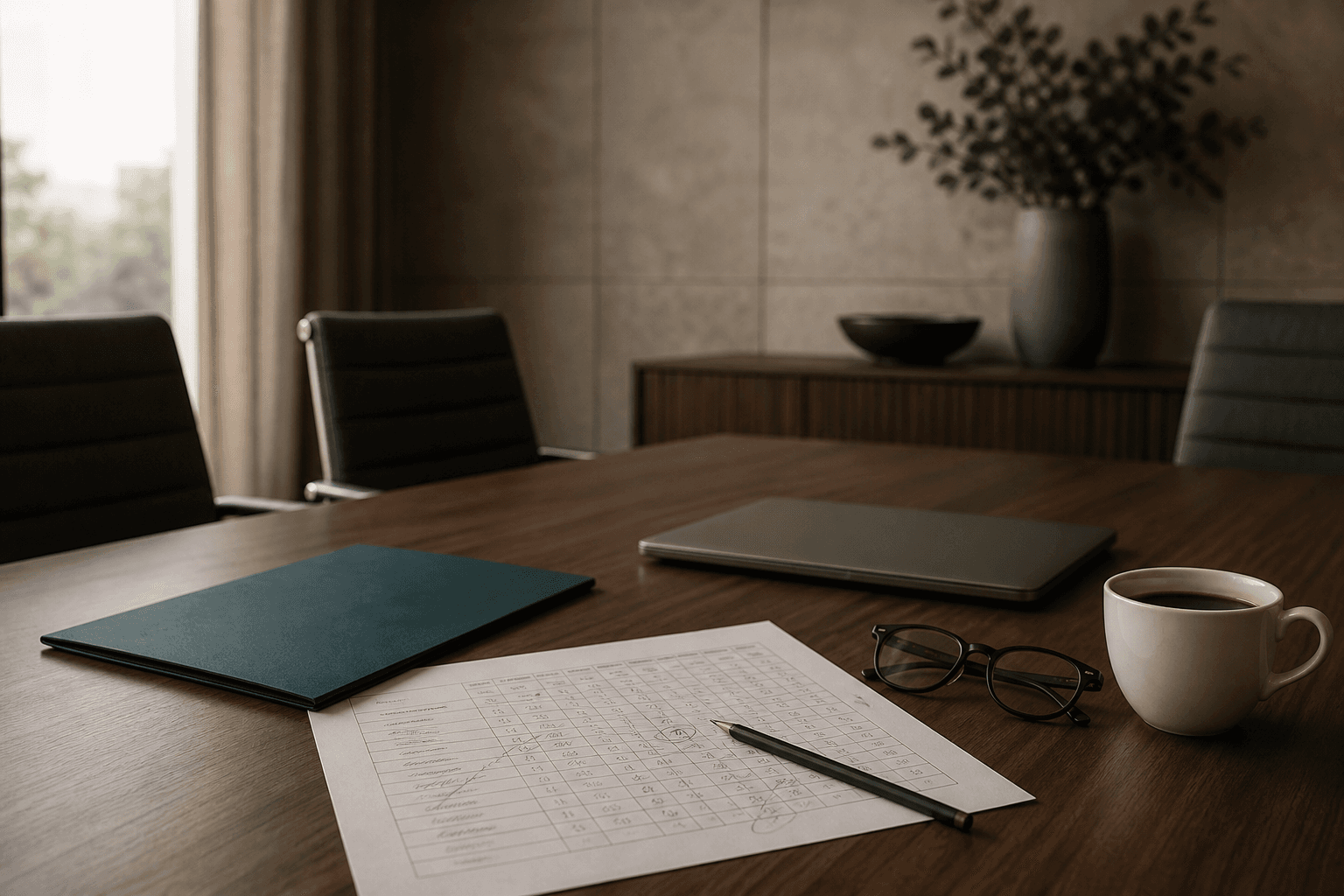 A boardroom table with a printed AI risk assessment marked up in pencil, a laptop showing a maturity scoring grid and a director's reading glasses beside a cup of coffee