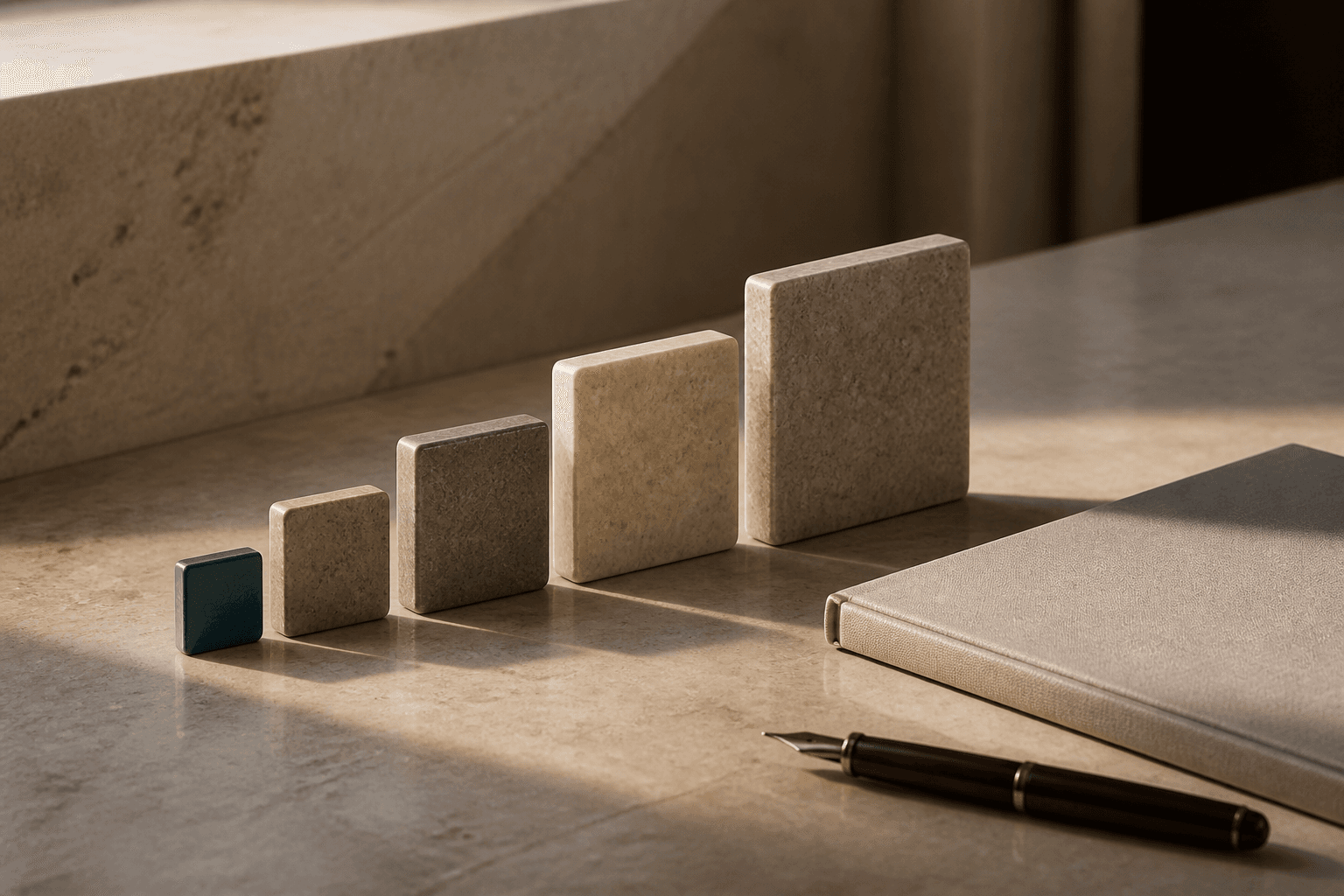 Five stone tiles of graduated size set in a rising row on a warm desk beside a slim bound annual report, the smallest tile glazed deep teal, suggesting governance tools scaled to the size of the charity