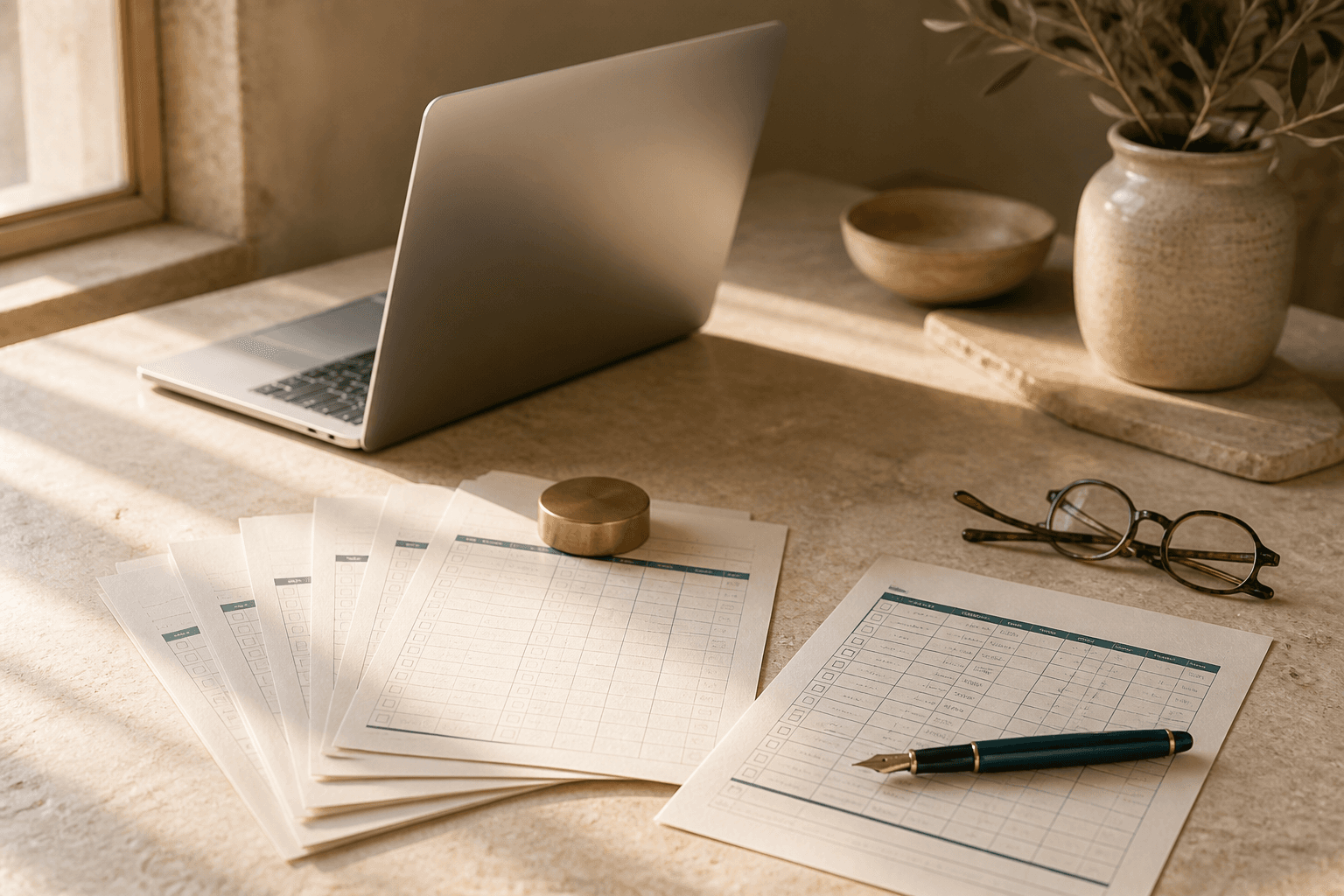 A company secretary comparing board management software shortlists on a laptop beside printed vendor pricing pages and a marked-up selection matrix