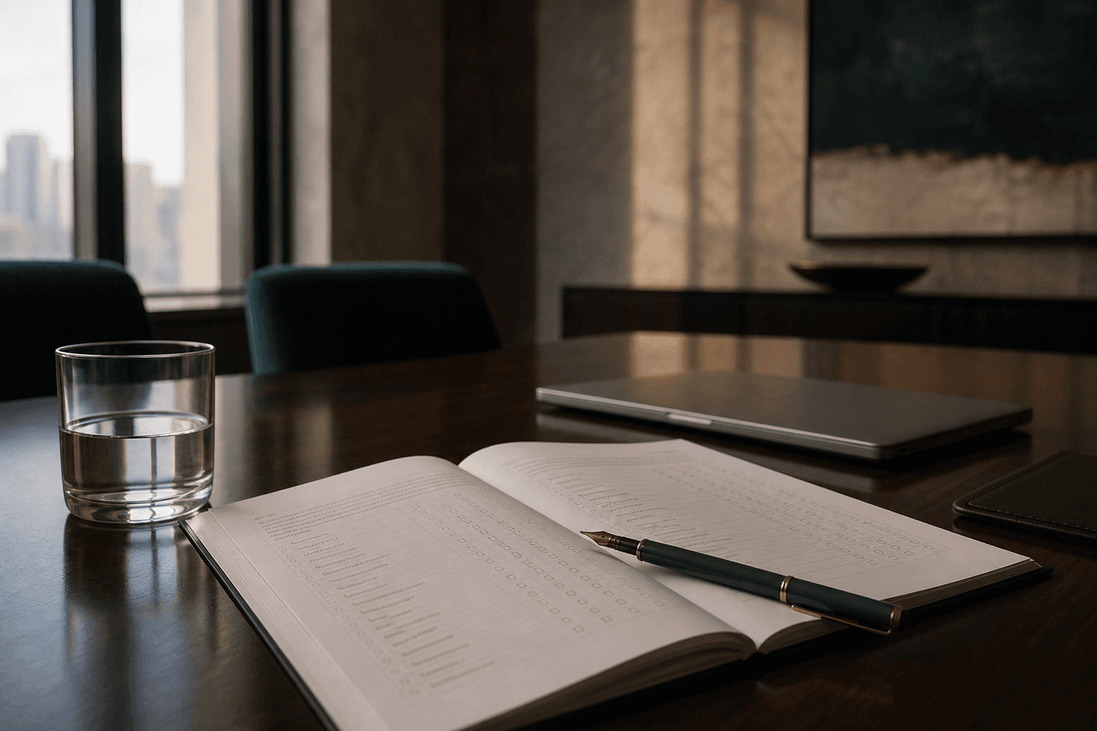 A printed board evaluation questionnaire on a boardroom table beside a pen and a closed laptop, lit by soft morning light