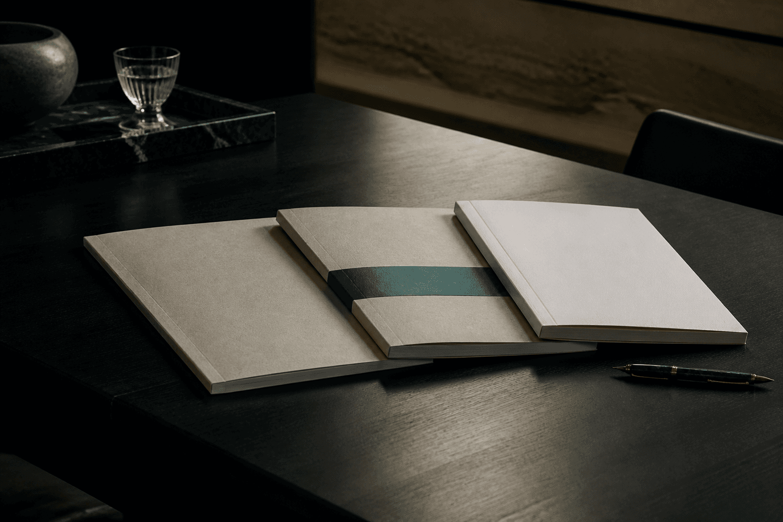 A company secretary comparing three external reviewer proposals side by side on a boardroom table, with a marked-up selection checklist and a fountain pen