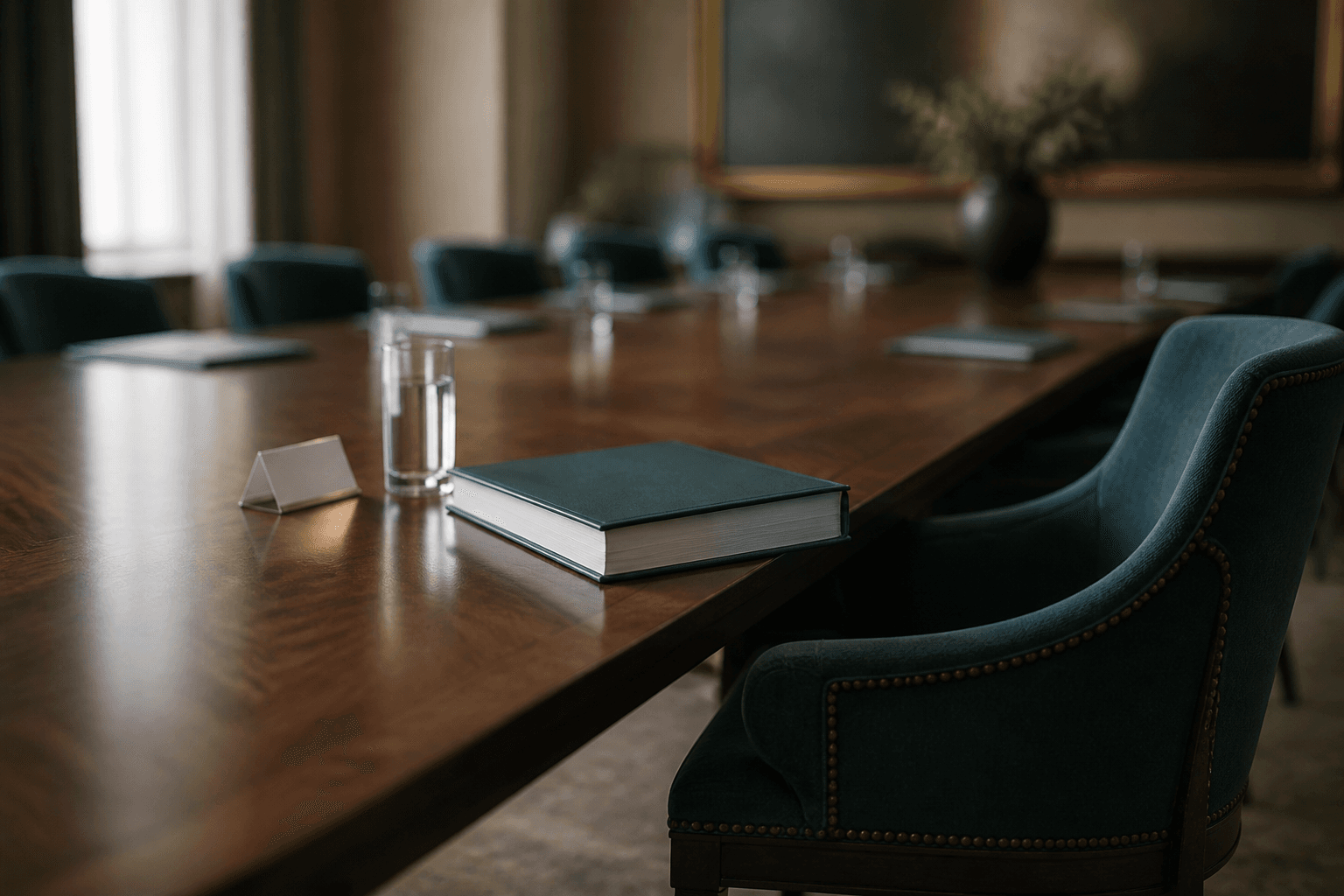 An empty chair at a polished boardroom table with a bound induction pack, a name card and a glass of water set in front of it, lit by soft daylight