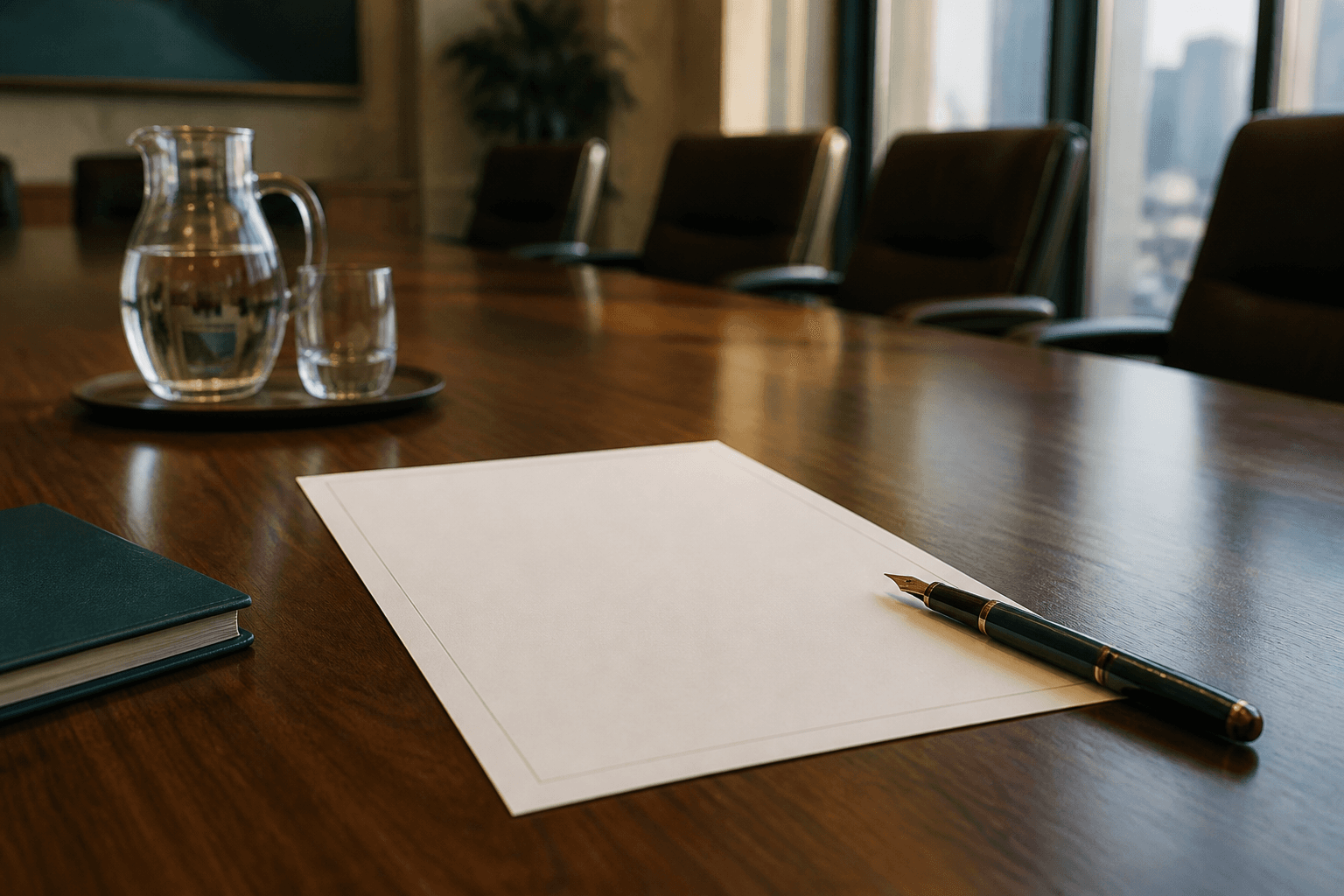 A printed board agenda and a fountain pen on a boardroom table beside a jug of water and empty chairs, lit by soft morning daylight