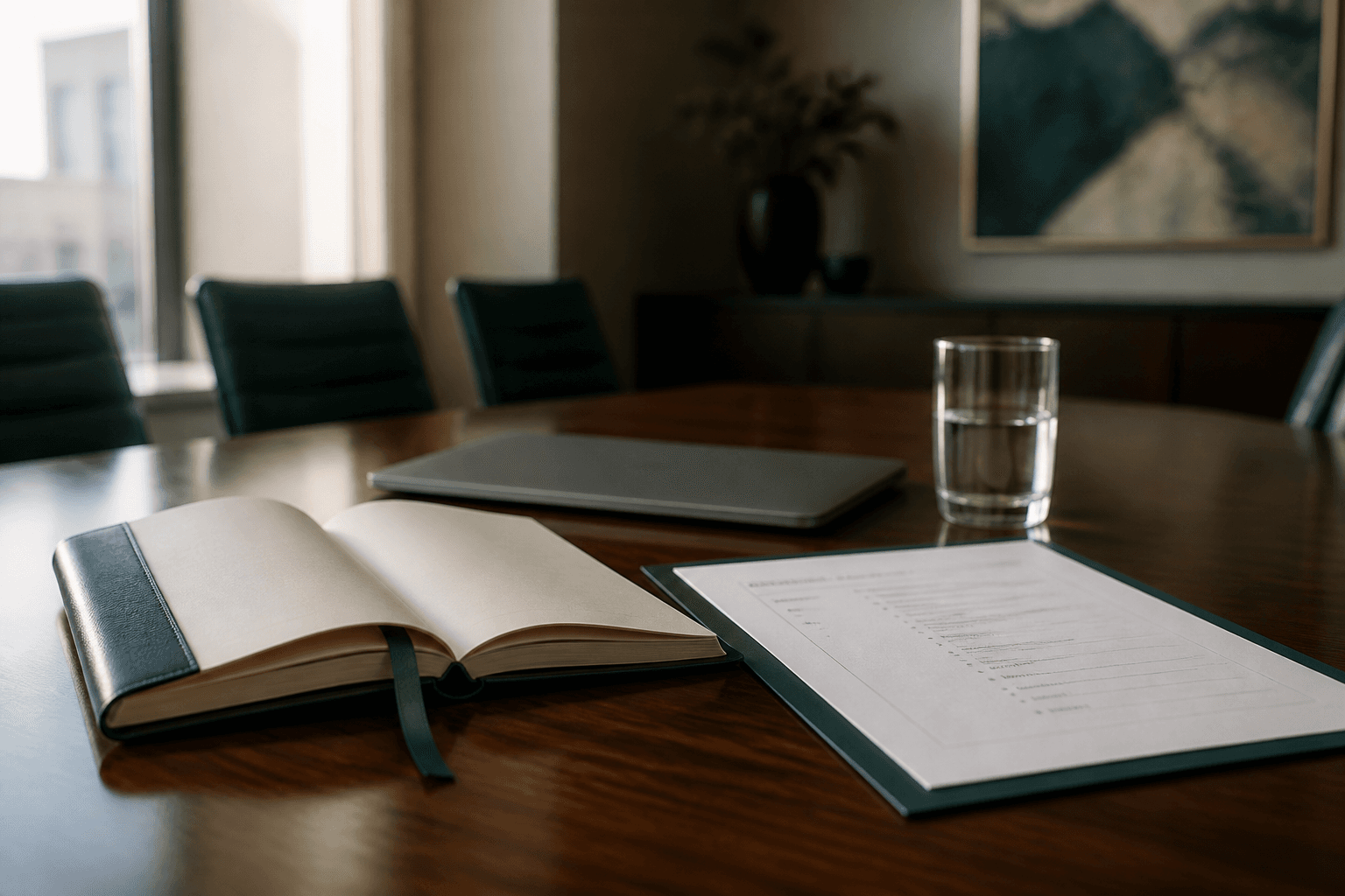 A company secretary's notebook and printed board agenda open on a boardroom table beside a laptop, lit by soft daylight