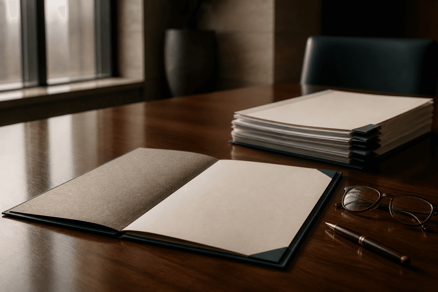 A printed board pack open at a cover sheet on a boardroom table beside reading glasses and a fountain pen, lit by low morning daylight