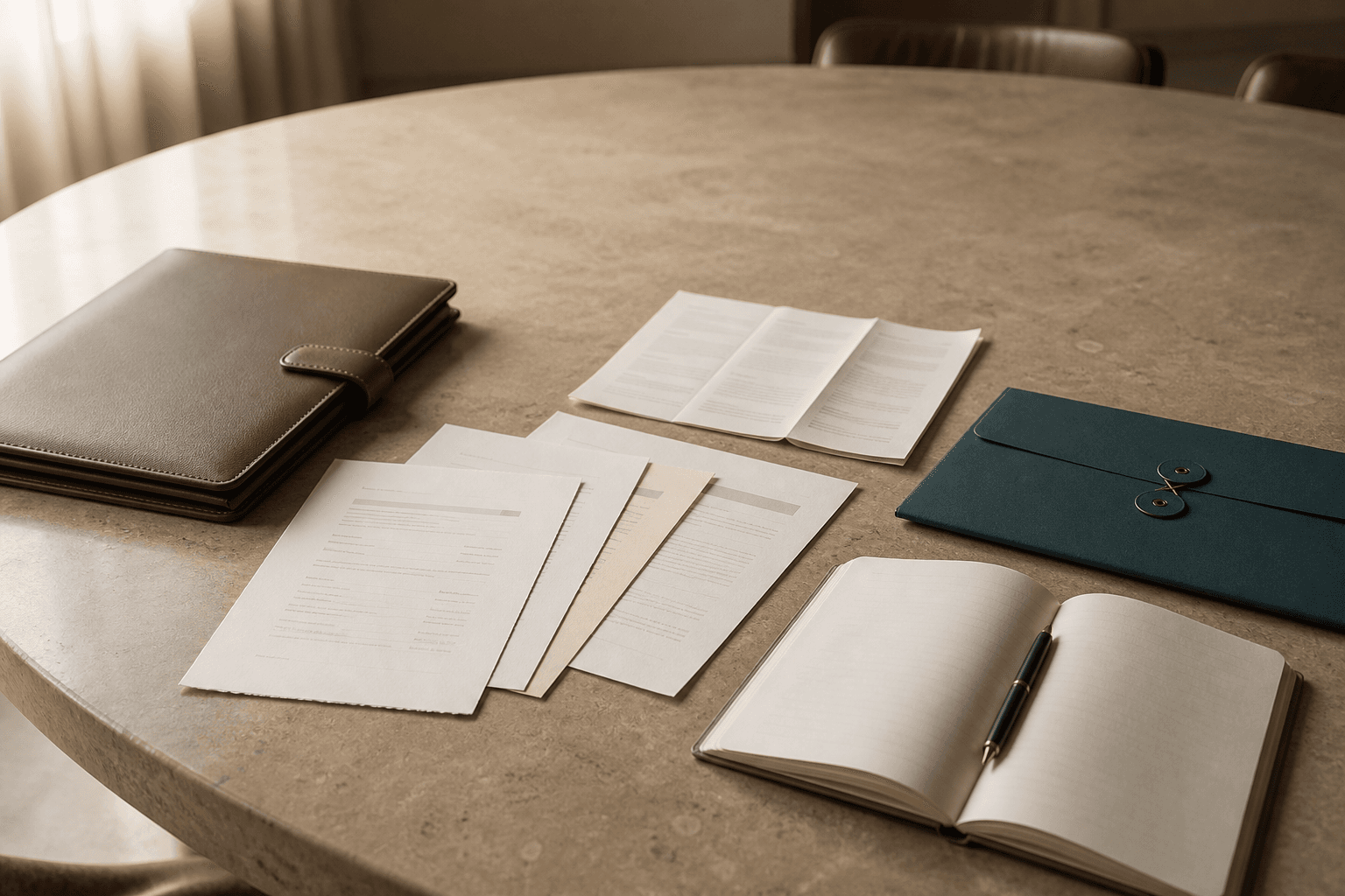 A company secretary comparing board portal price lists and a G-Cloud rate card printout on a boardroom table beside a budget spreadsheet
