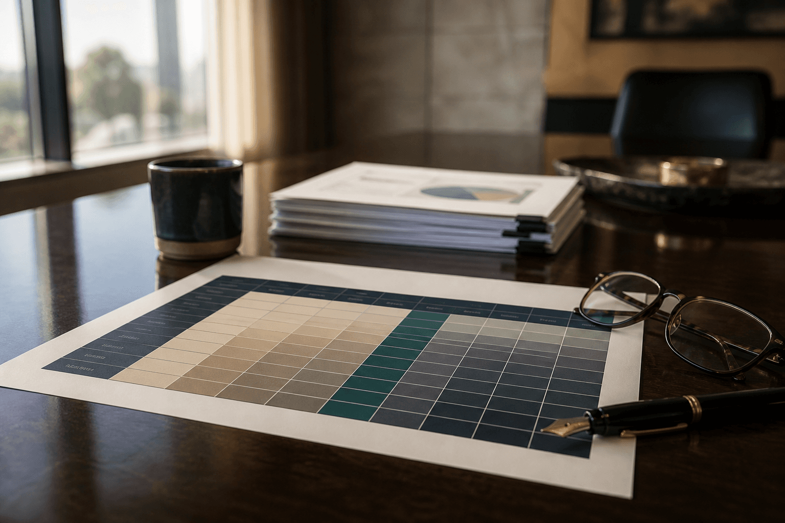 A printed board skills matrix on a boardroom table, competency rows shaded from pale to dark, with reading glasses and a marked-up nomination committee paper beside it