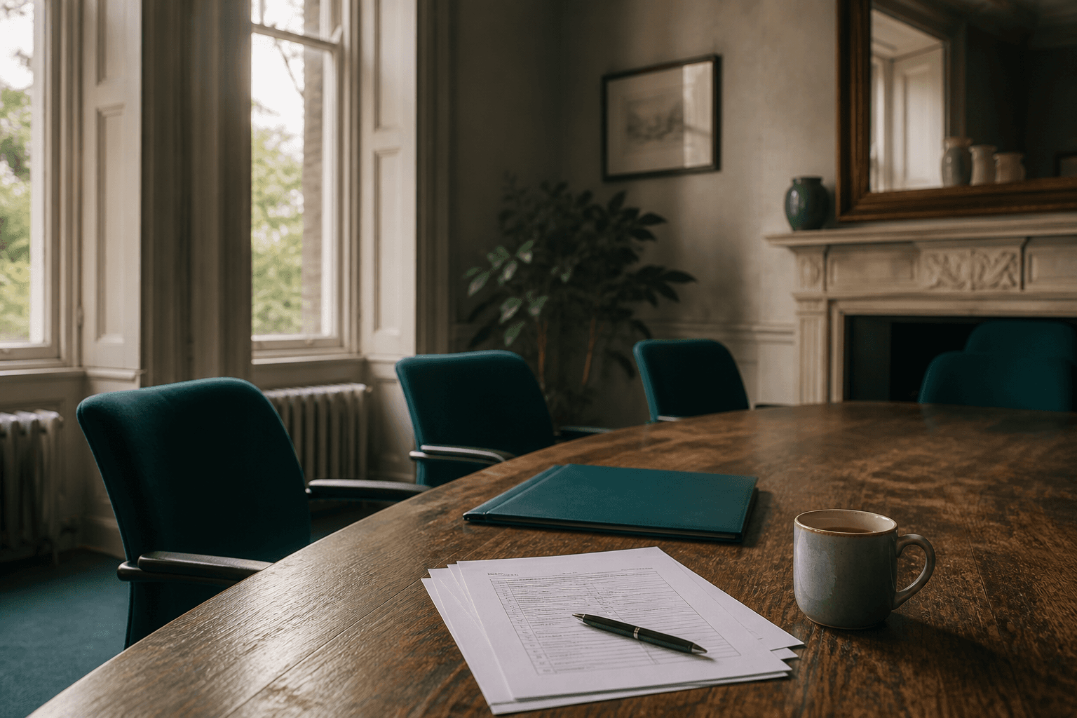 A charity board meeting room with printed self-assessment forms and a mug of tea on a wooden table, morning light through tall windows