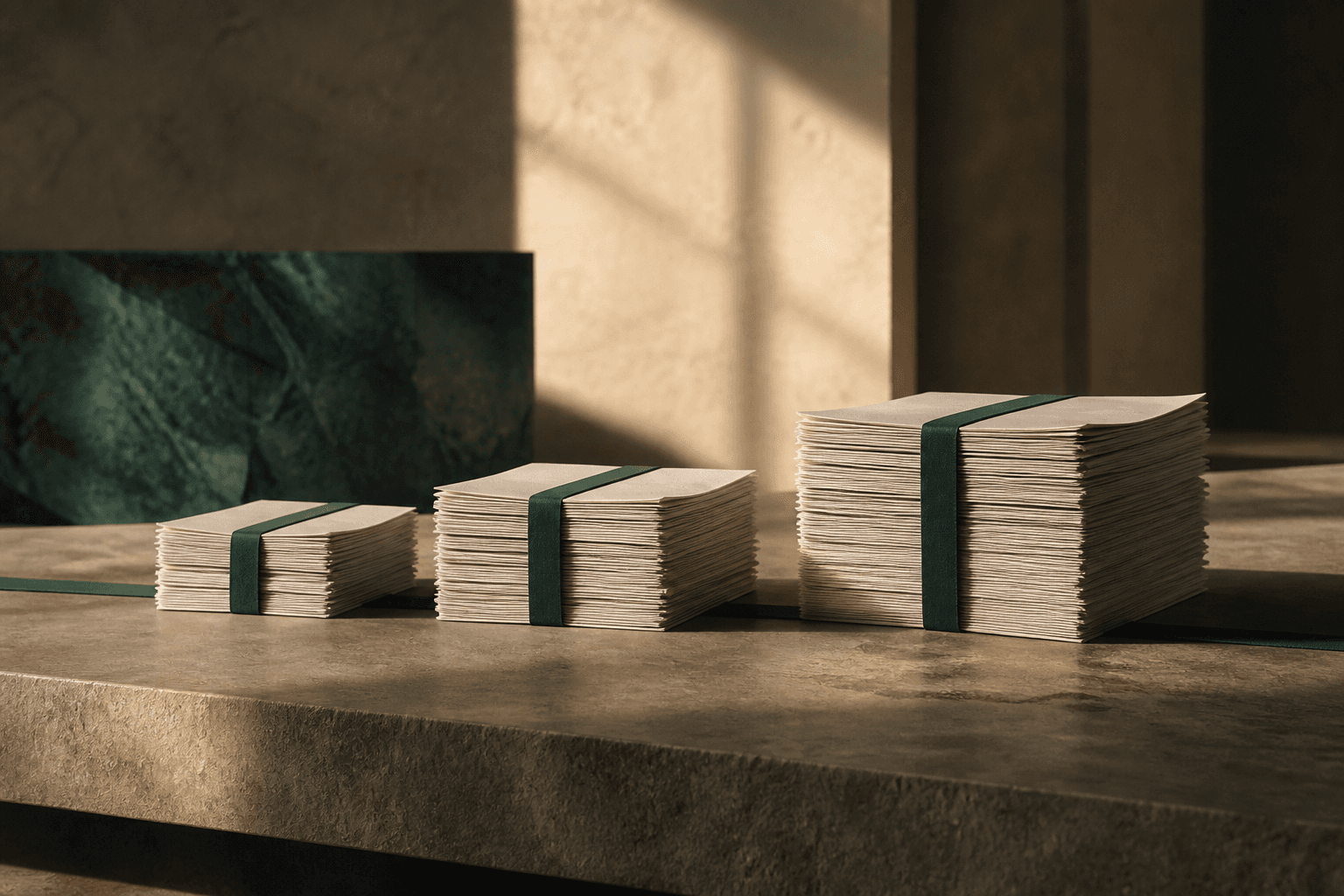 Three sets of committee papers fanned across a boardroom table beside a printed annual report, lit by low morning light