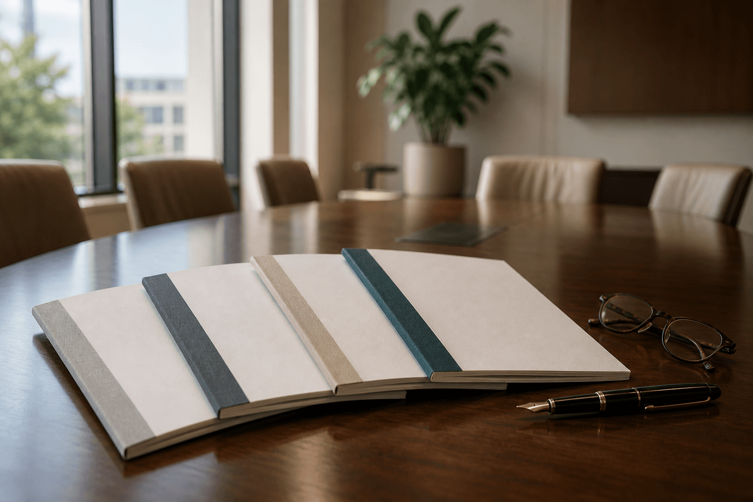 A committee chair and company secretary reviewing a printed terms of reference document across a boardroom table in soft morning light