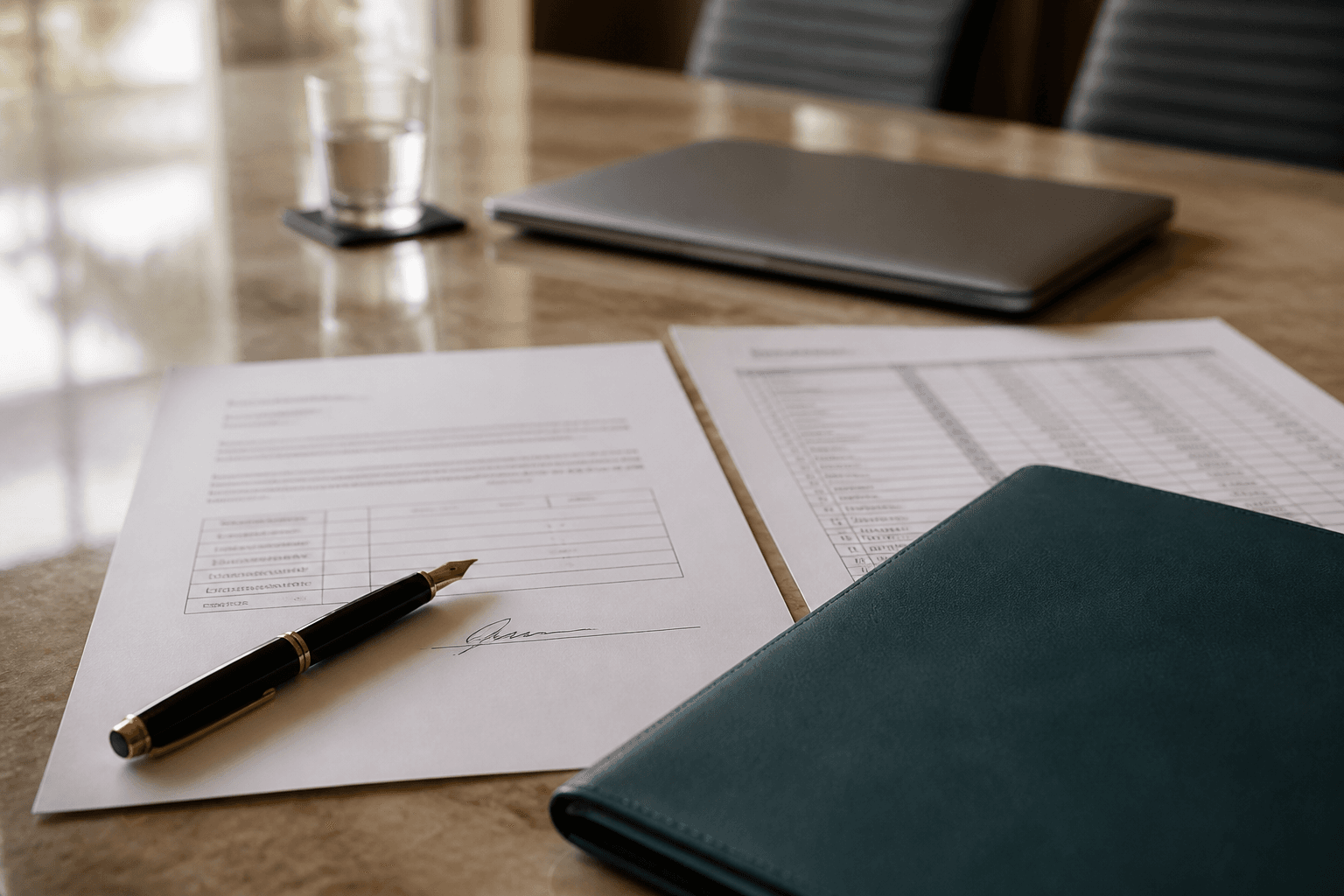 A boardroom table with a signed declaration form, a printed register of interests and a fountain pen beside a closed laptop in morning light