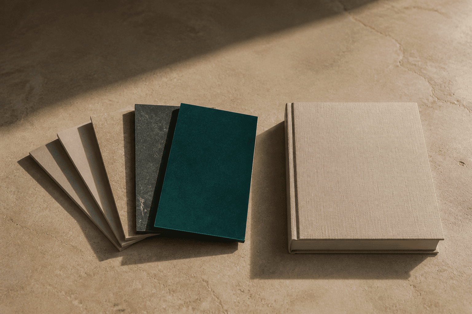 Five slim slate tablets fanned across a warm stone table beside a bound housing association governance report, one tablet edged in deep teal