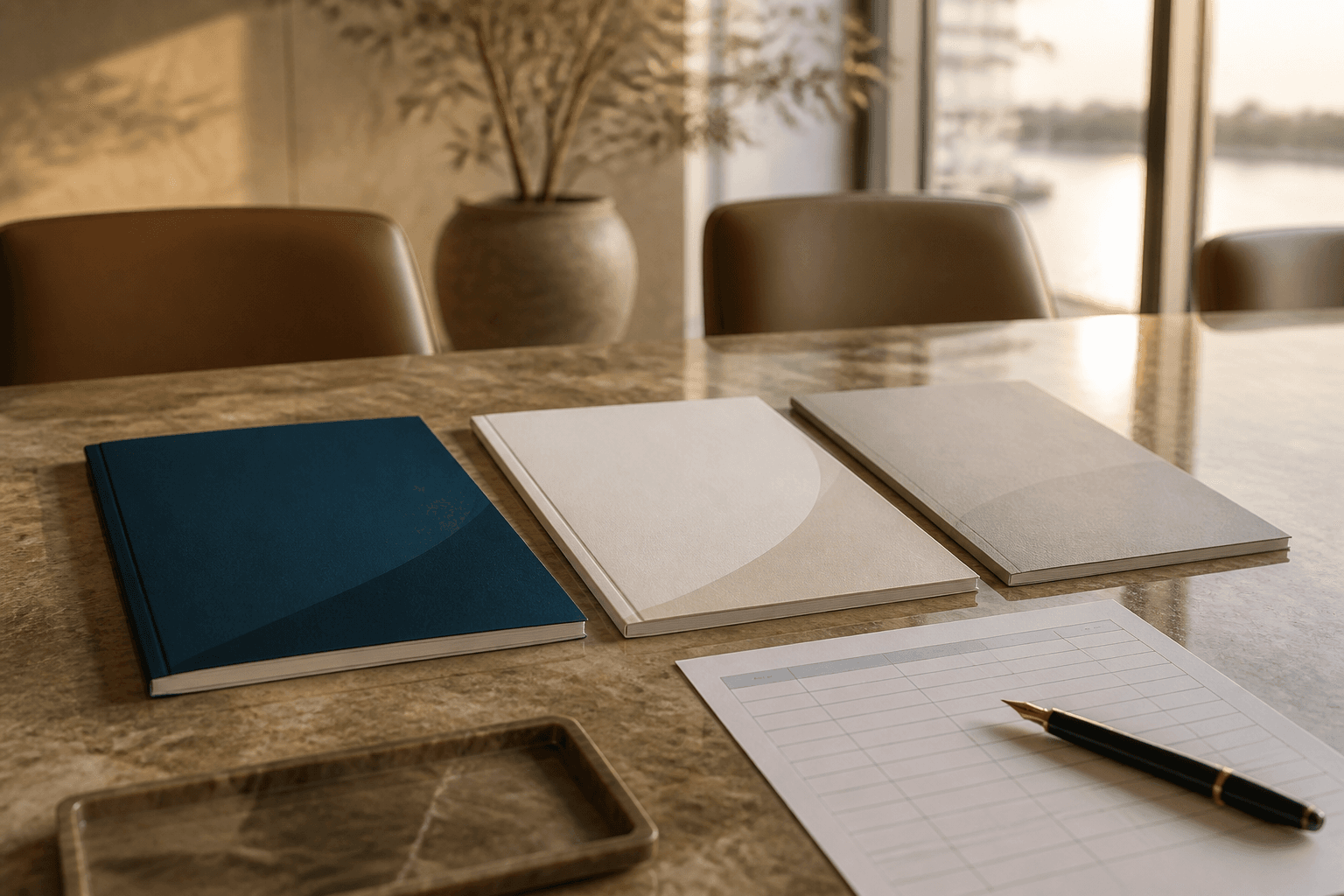 Three printed proposal documents laid side by side on a boardroom table with a pen and scoring sheet in late afternoon light