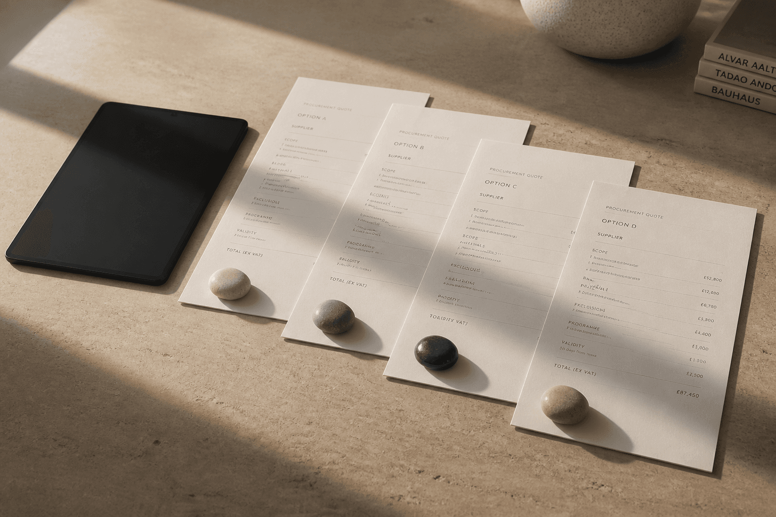 A company secretary at a boardroom table comparing board portal options on a laptop, with a printed procurement shortlist and NHS trust board papers alongside