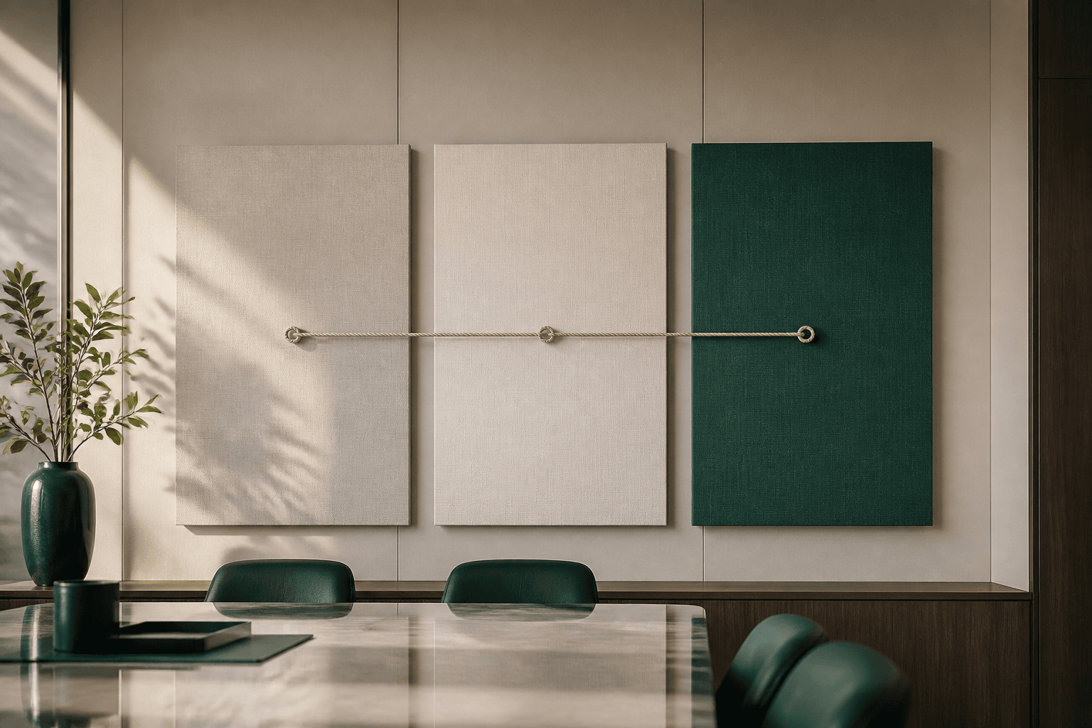 A three-year board review planner on a boardroom wall, two years marked as internal reviews and one marked for an external facilitator