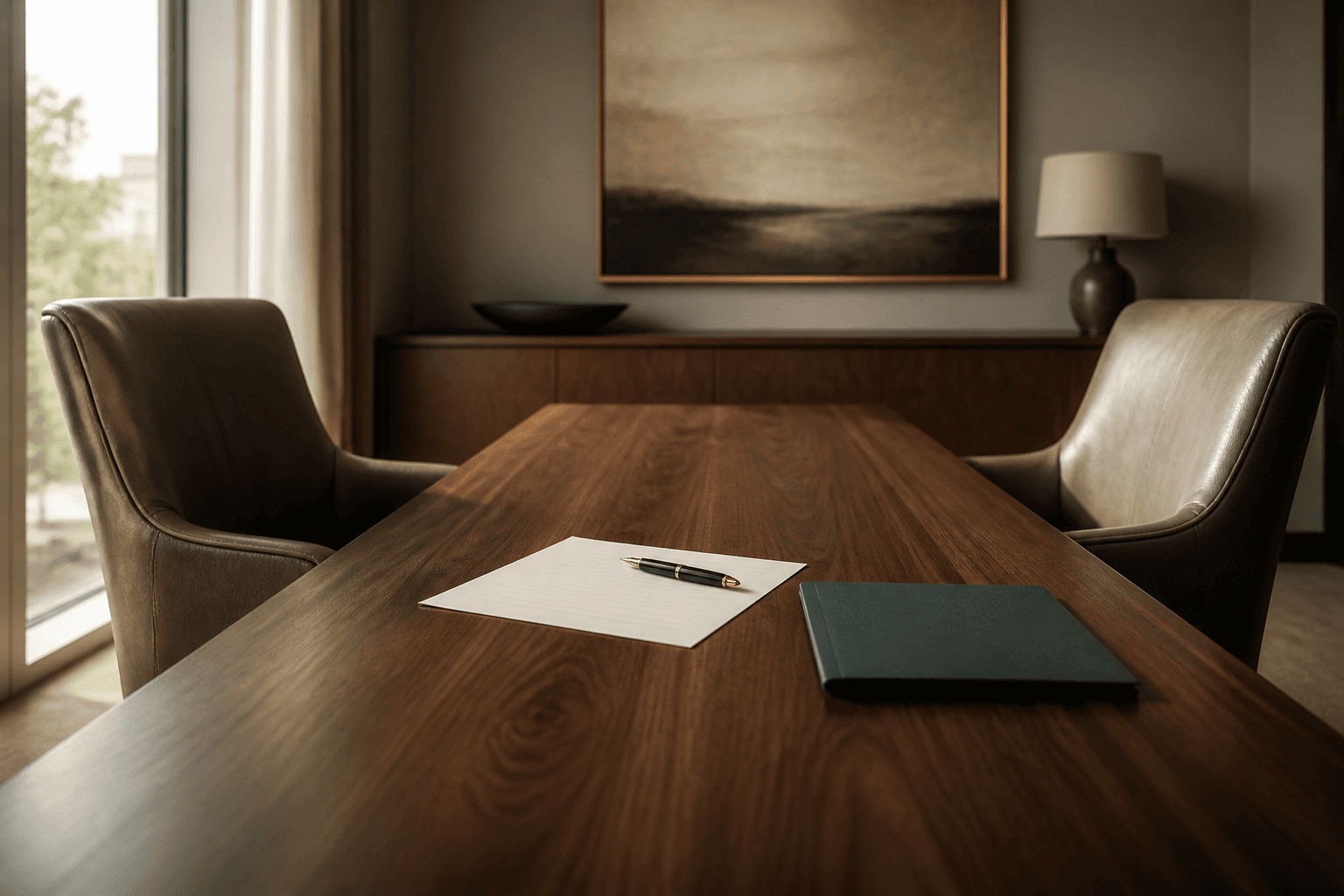 Two chairs angled towards each other at the end of a boardroom table, a printed appraisal form and a pen between them in soft daylight