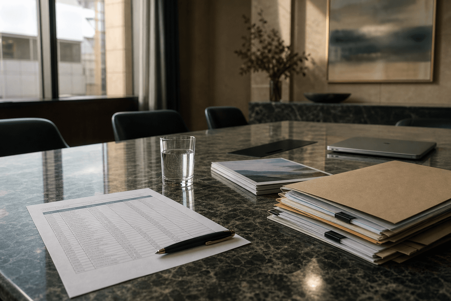 An audit committee chair reviewing a controls schedule and testing evidence at a boardroom table, with annual report drafts and a laptop alongside in morning light